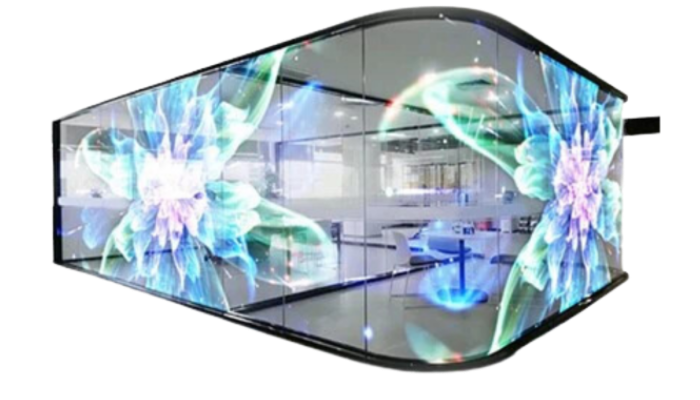 شاشة ليد شفافة تعرض محتوى بصريًا واضحًا مع الحفاظ على الرؤية من خلفها في واجهة زجاجية