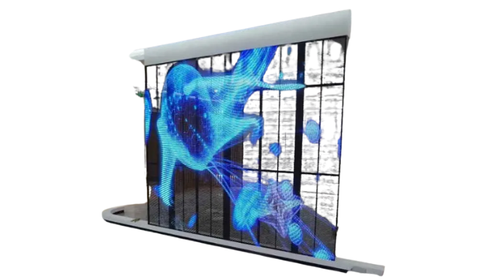 شاشة ليد شفافة معلقة على واجهة زجاجية تُعرض من خلالها صور ديناميكية دون حجب الرؤية.